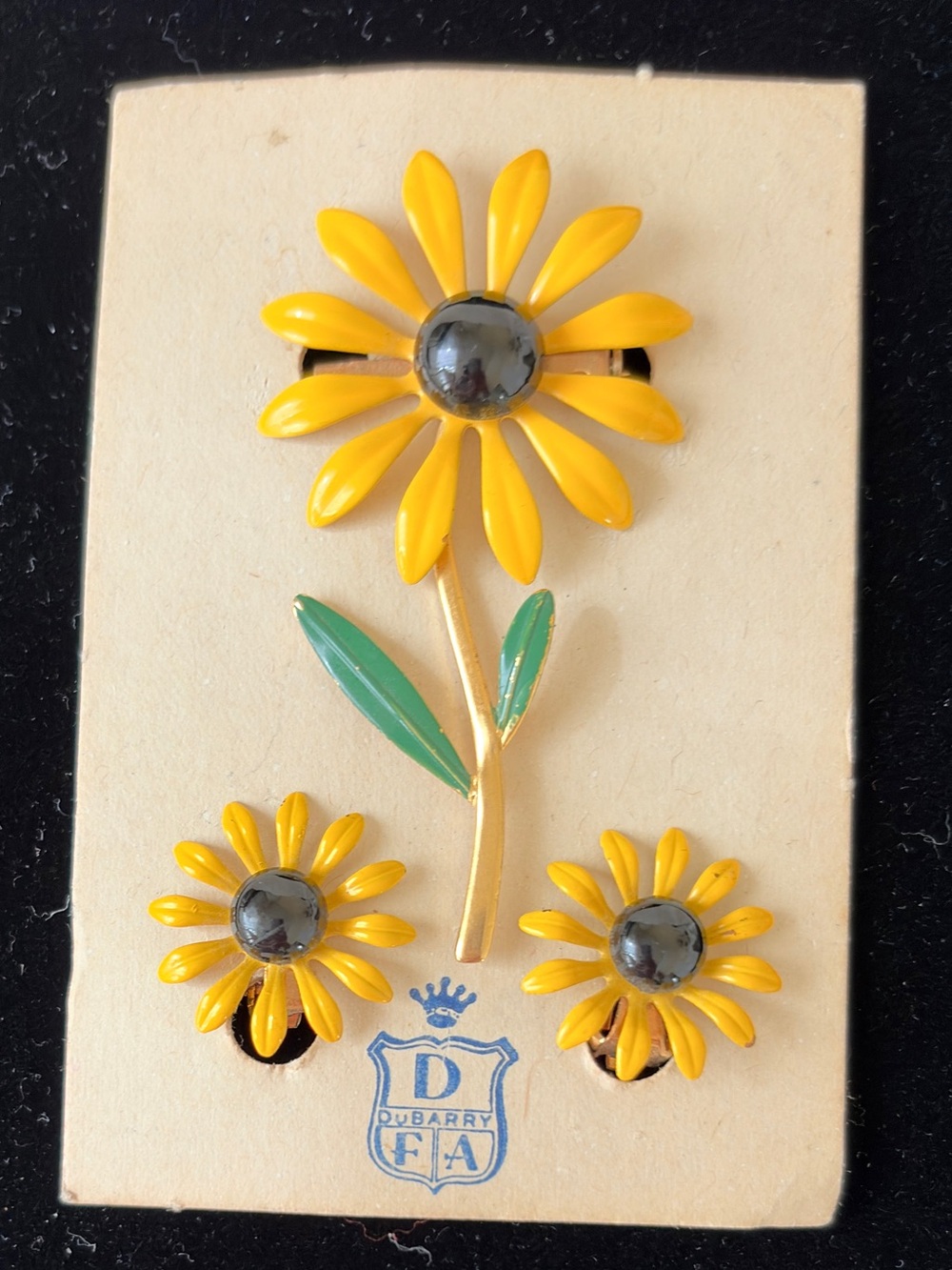 Vintage DuBarry Yellow Flower Brooch and Clip-on Earring Set